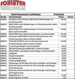 Bild von Kibri/Viessmann CarMotion - Preisliste